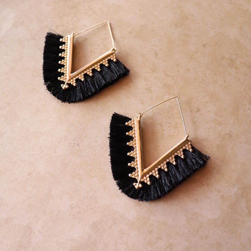 LAST PAIR Black and Gold Fringe Drop Earrings